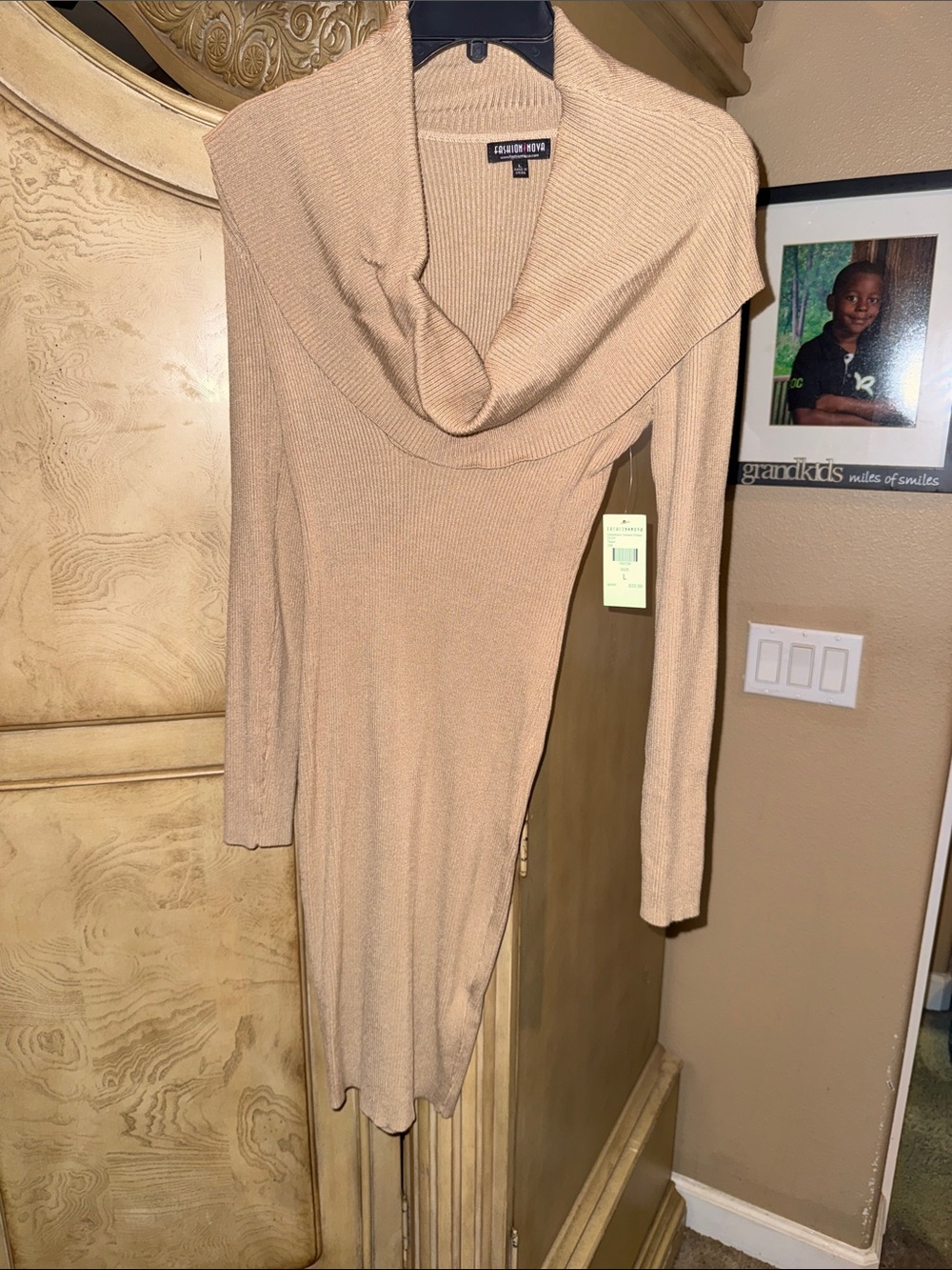 Fashion Nova Tan Ribbed Knit Sweater Dress